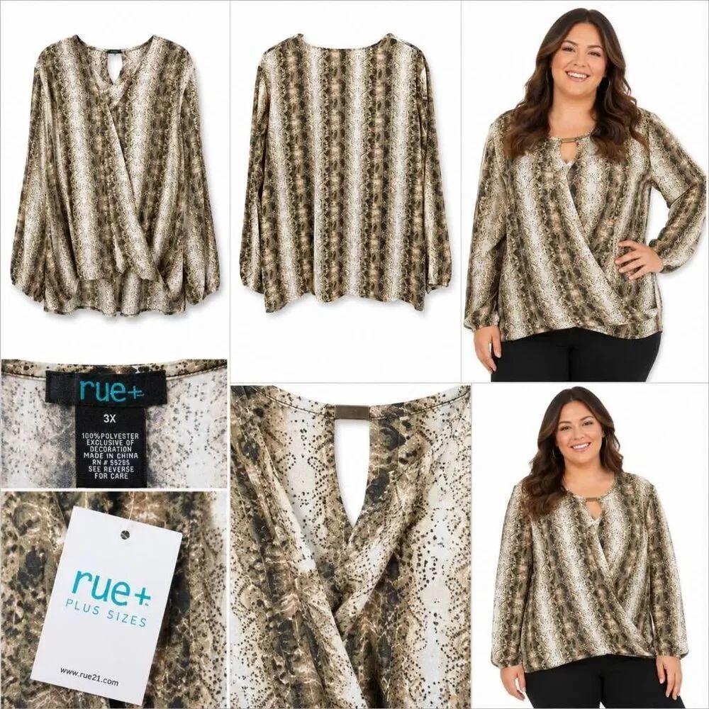 Rue+ 3X Snake Print Faux Wrap Blouse Plus Size NWT